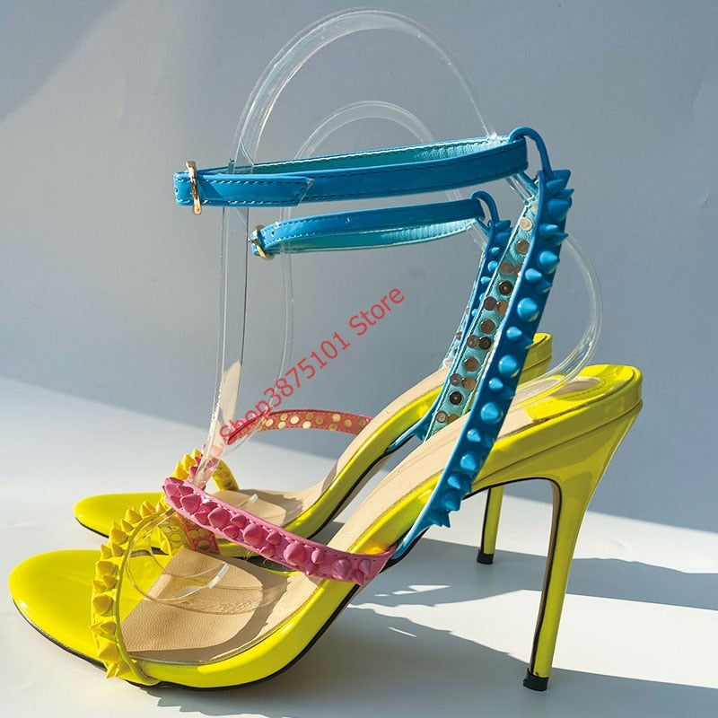 Rivets Cross Strap Summer Heels Sandals Women Thin Heels Sandals Color Studded Summer Classic Party Shoes
