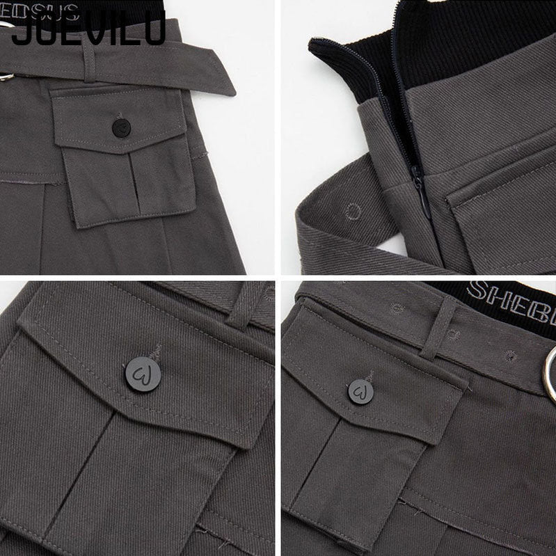 Gothic Skirt Set Polo Neck Waist Strap Off Shoulder Long Sleeve T-Shirt Pleated Denim Skirt 2 Piece Sets Women Outfits Y2k Suit