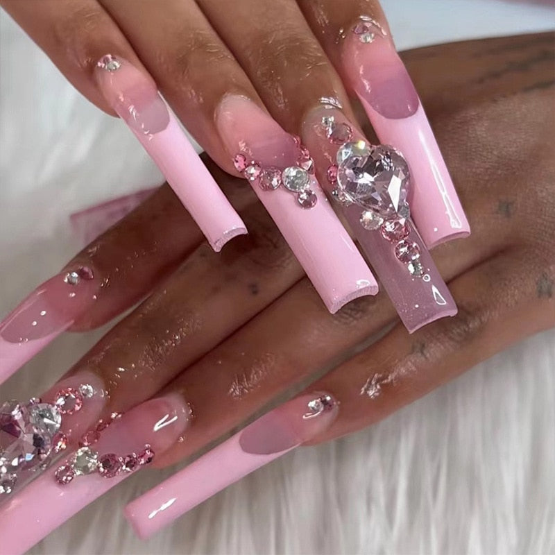 Sea Wave Carp Japanese Style Doodle False Nails Detachable Nude Pink Long Coffin Fake Nails with Glue Full Cover Press on Nails