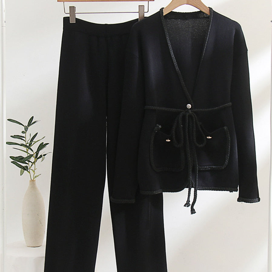 Spring Autumn Knitted Suits Women Long Sleeve Sweater and Wide leg Pants Sets Outwear Loose Lace Up Cardigan Outfits Sets Black One Size