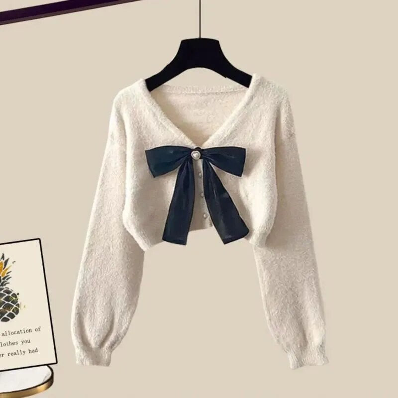 Spring Autumn in Matching Sets Women's Fashion Slim Bow Sweater+High Waist Skirt Two-piece Set Korean Chic Dress Suit Sweater 01