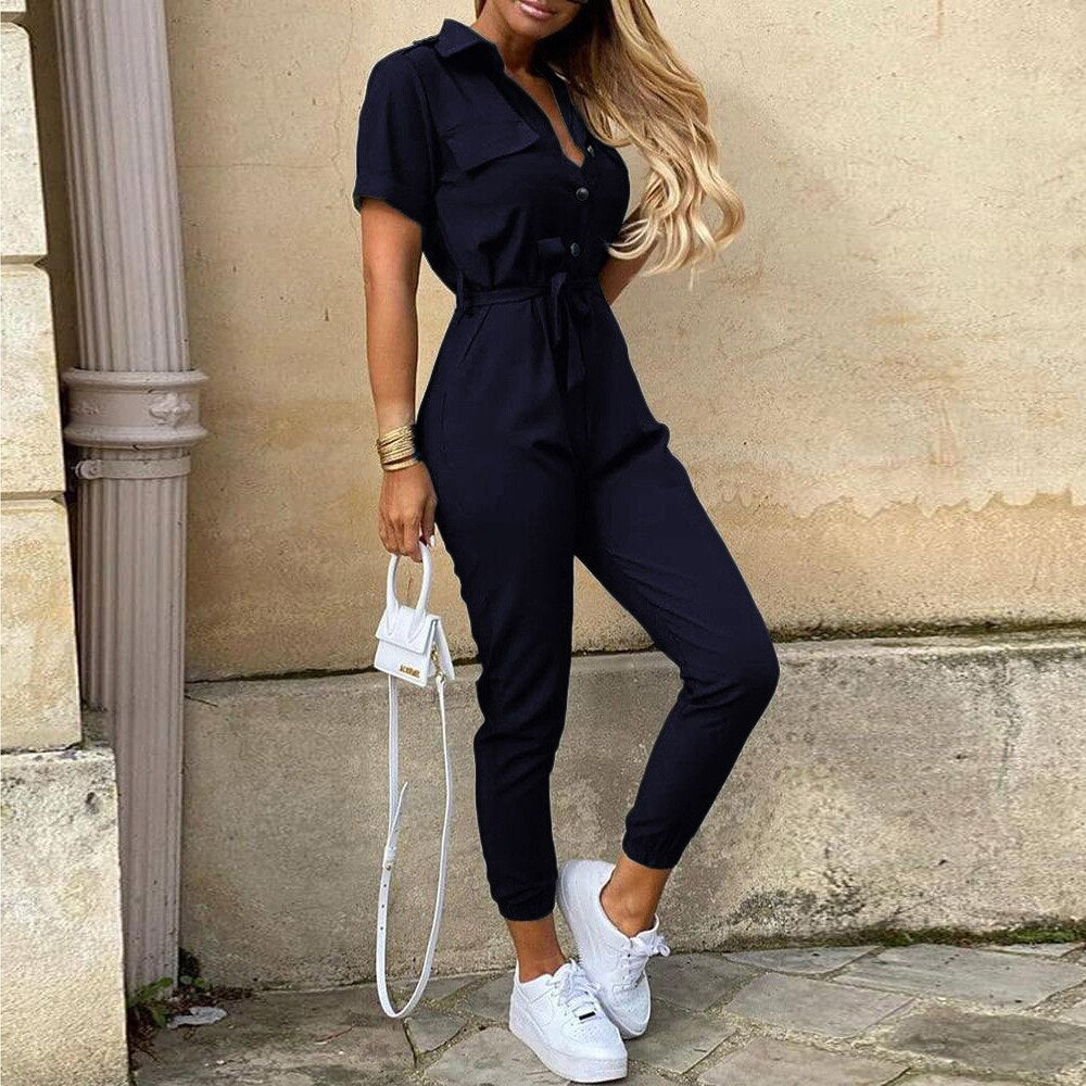 Overalls for Women New Casual Lapel Lace-up Print Belt Work Jumpsuit Women One Pieces Bodysuit Women Chic and Elegant Jumpsuits deep blue