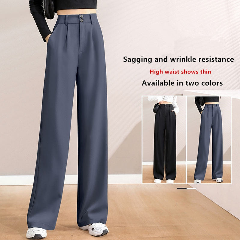Women'S New High Waist Draping Loose Casual Straight Leg Floor Length Trousers Class Professional Wide Pants