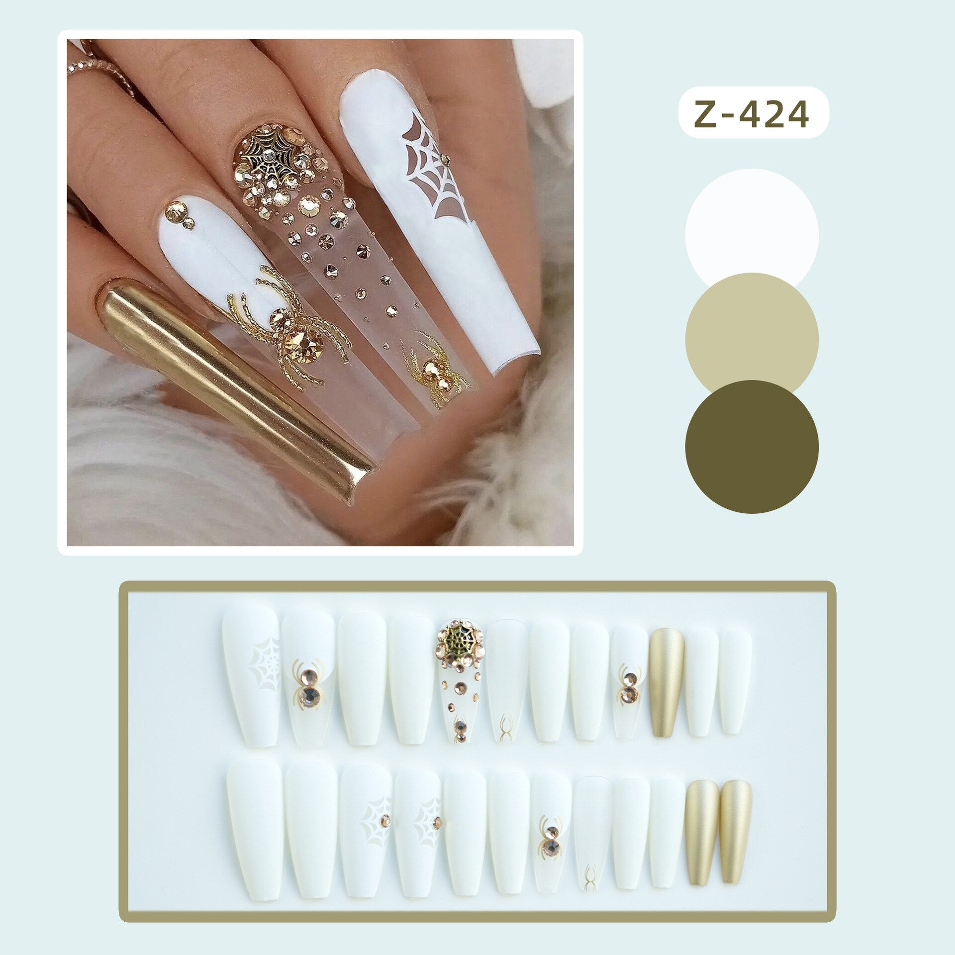 3D Halloween fake nails gold spider with glitter diamond designs long french coffin tips faux ongles press on false nail supplie