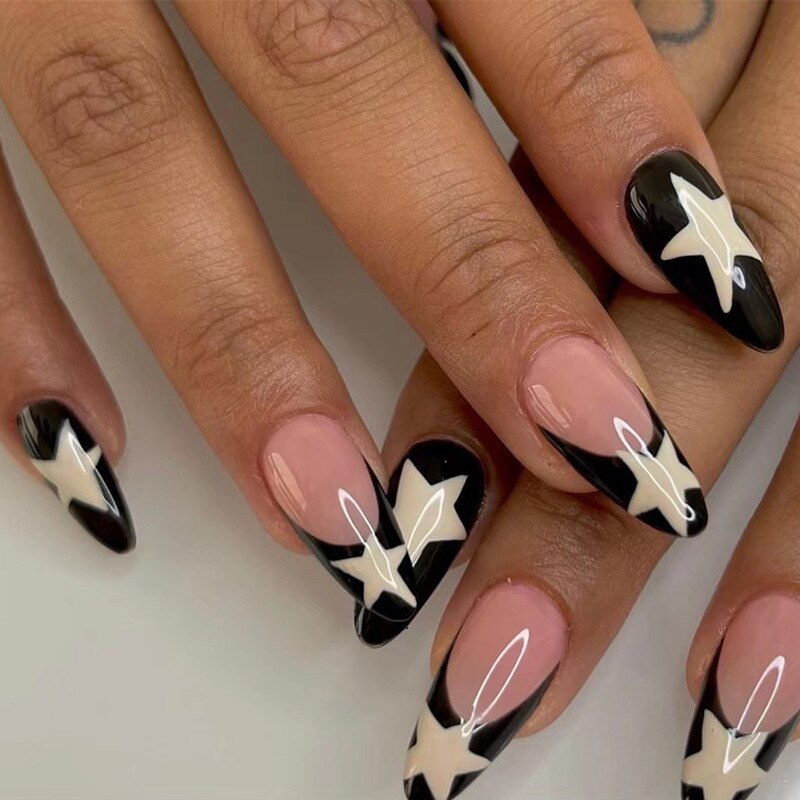 Long Stiletto False Nails Black Edge French Gold Thread Black Rhinestones Design Wearable Fake Nails Press On Nails Manicure Tip 2023-2