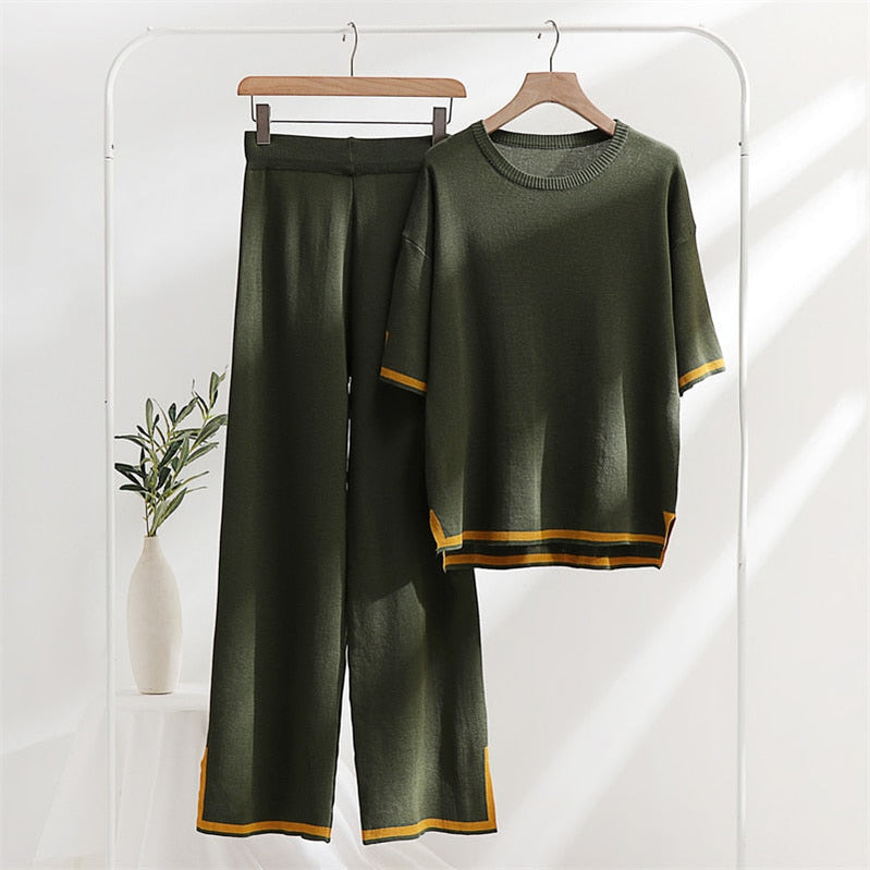 Two Piece Set Elegant Pants Sets Ice Knitted Summer Outfits For Women Short Sleeve Pajama Suit Green One Size