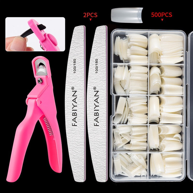 500pcs/Box Fake Nail Tips Kit Clear/Natural,Full /Half Cover French False Nail File Art Acrylic Finger UV Manicure Tools French half paste-5