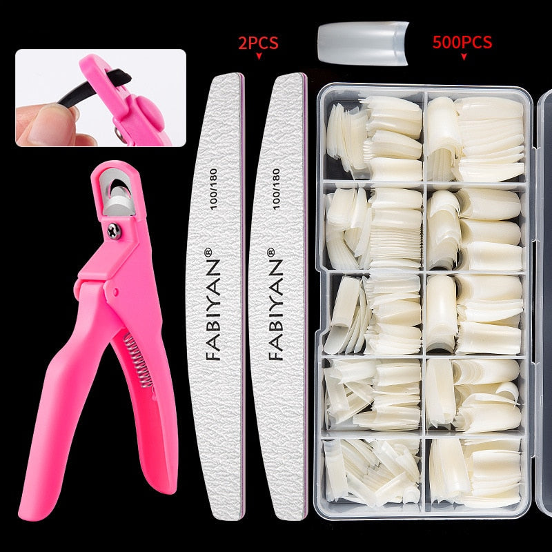 500pcs/Box Fake Nail Tips Kit Clear/Natural,Full /Half Cover French False Nail File Art Acrylic Finger UV Manicure Tools French half paste-5