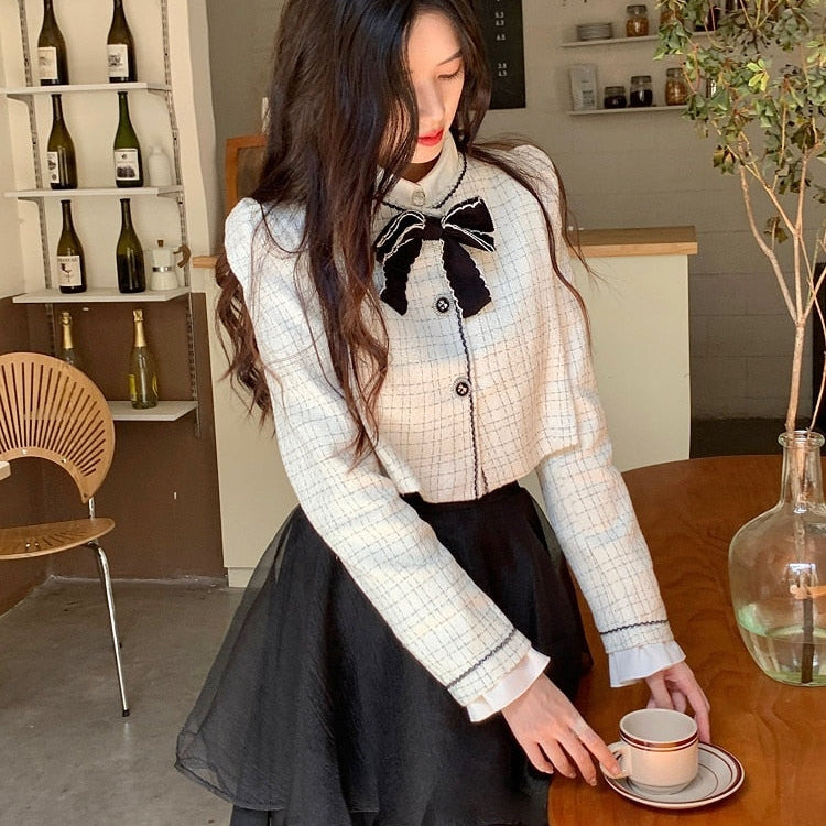 Spring Elegant Vintage 2 Piece Dress Set Women Sweet Blazers Suits Y2k Crop Tops + Mini Skirt Female Korea Fashion Clothing