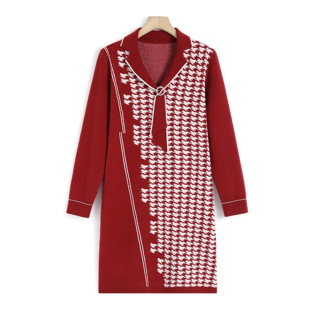 Temperament Lapel Women's Long Sweater 2024 Autumn And Winter New Comfortable Wool Knit Dress Ladies Pullover