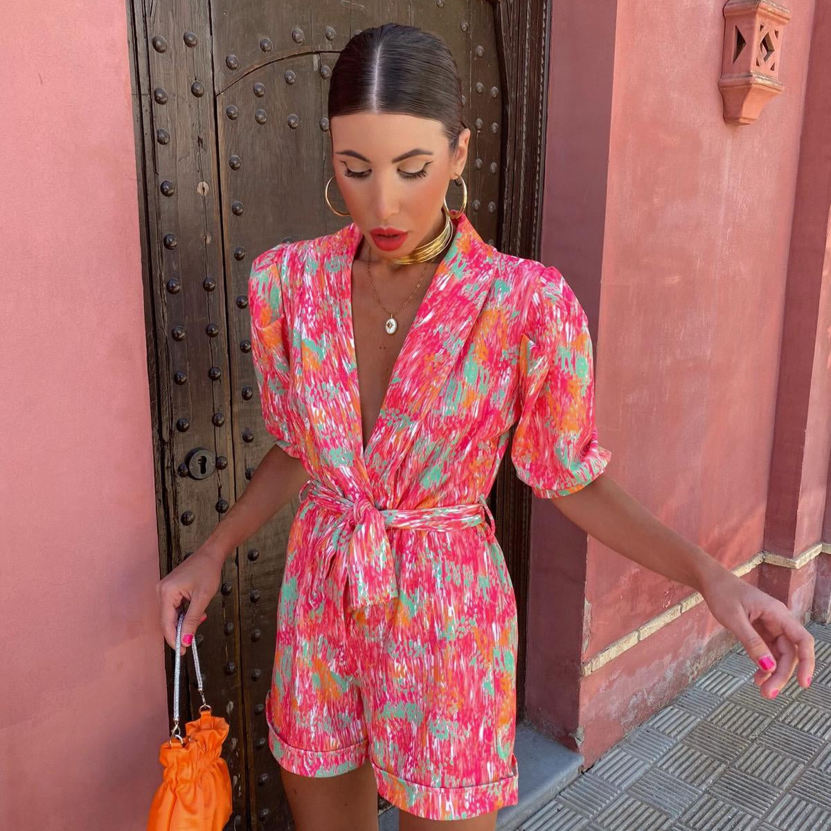 Skinny Playsuits For Women Deep V Neck Short Sleeve Spliced High Waist Print Playsuit Female Summer Fashion Style Jumpsuits