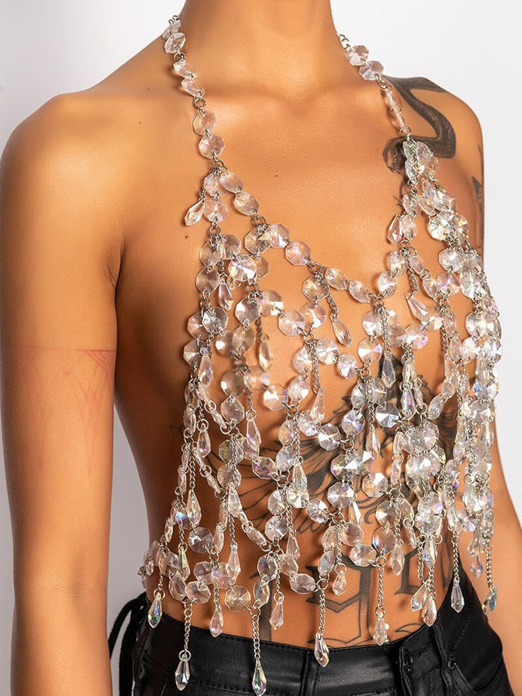 y2k Fashion Transparent Crystal Acrylic Tank Top For Women Sexy Hollow Out Backlesss Halter Solid Diamonds Nightclub Crop Tops