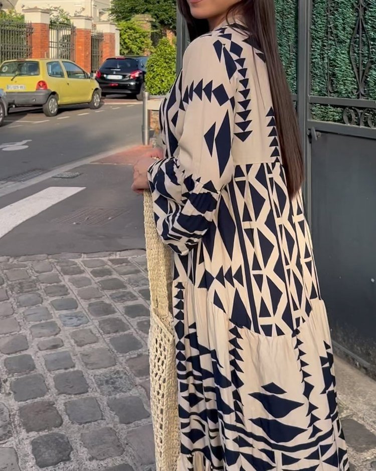 Casual Printed Long Dress Women Spring Summer Long Sleeve Pleated Dress Women's Fashion Retro Bohemian Dress
