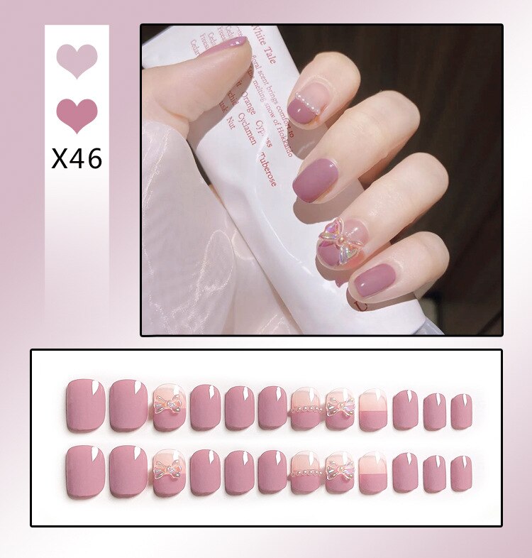 24PCS/Box Bowknot Rabbit Pattern Pearl Short Square Designer Fashion Design French Style Full Covering Pressed Fake Nails