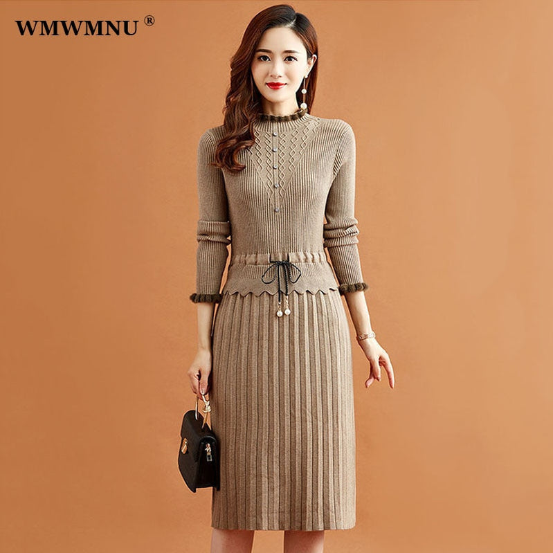 Two Pieces Pleated Knitted Dress Women Vintage Elegant Bottoming Sweater Dresses Slim Long Sleeve Fall Winter Midi Vestidos