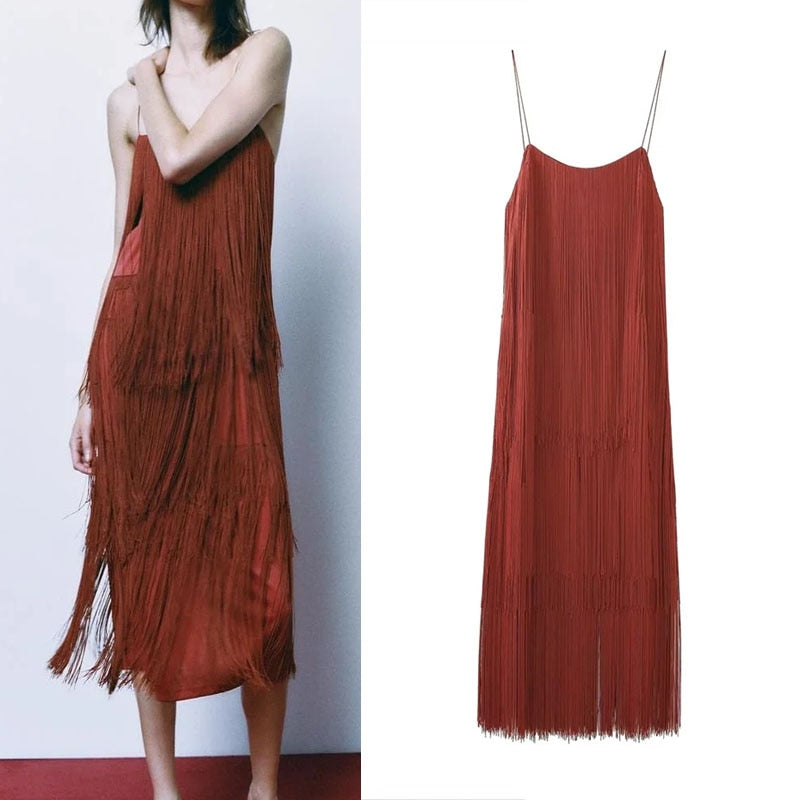 Fringed Slip Midi Dresses For Woman Sexy Backless Luxury Party Dress Woman Vintage Brown Sleeveless Dress Summer Dress