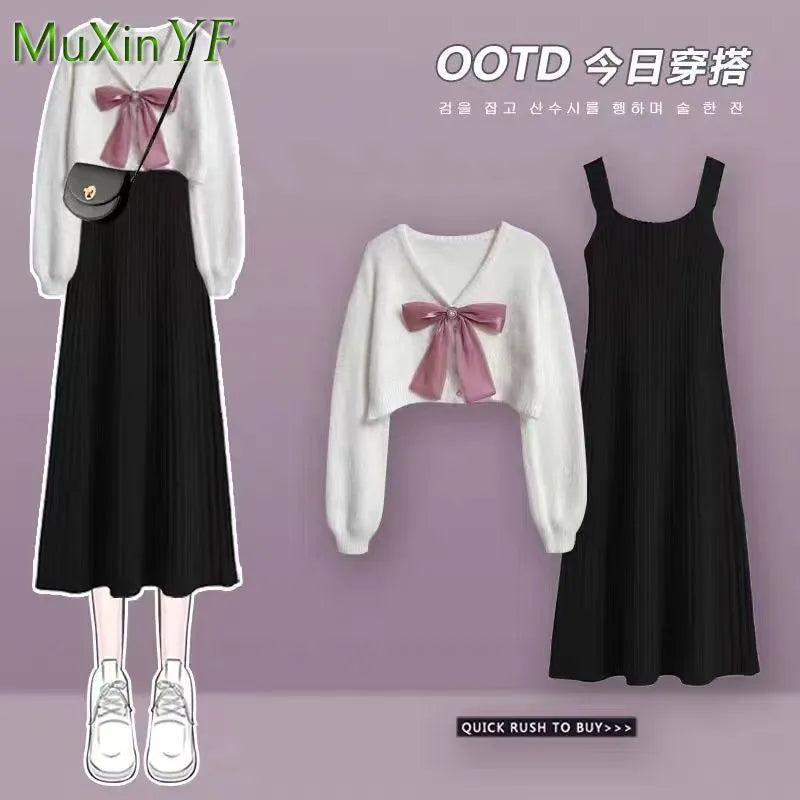Autumn Winter Fashion Short Knitting Sweater+suspender Dress Two-piece Korean Elegant Bow Cardigan Sexy Fishtail Skirt Set