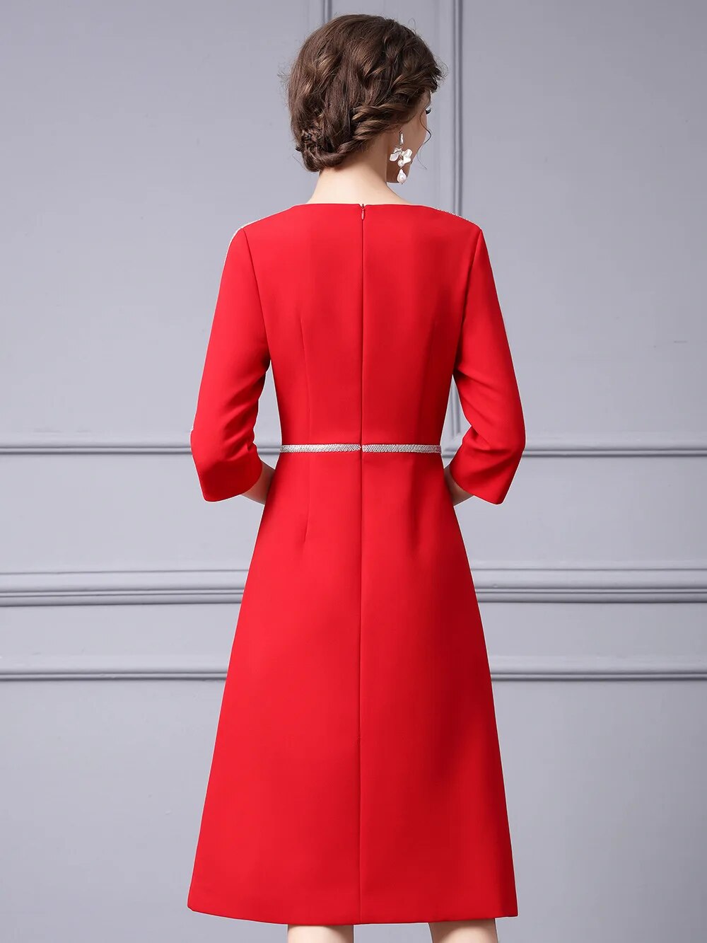 Autumn Fashion Beading Party Formal Occasion Dresses for Women Elegant Christmas Red Midi Vestidos Fiesta Aline Robe