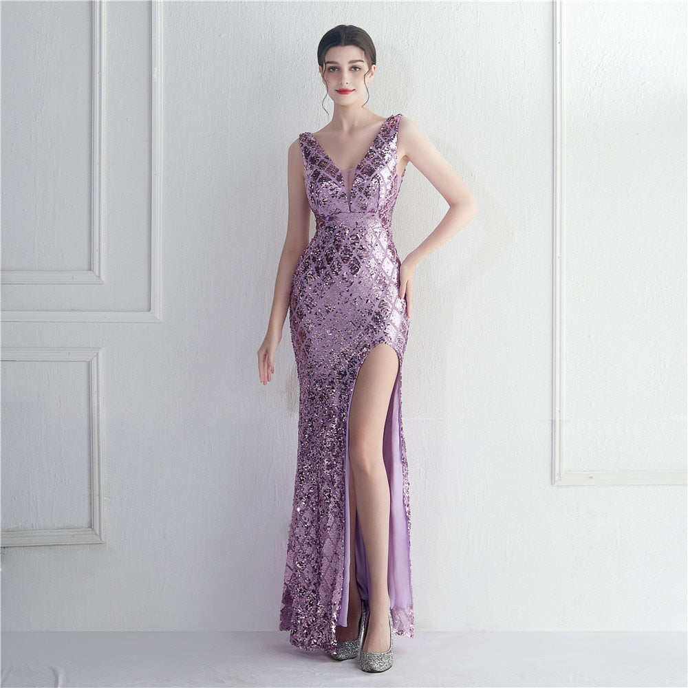 Modern V-Neck Sleeveless Prom Dresses for Women Elegant High Split Bodycon Sequin Cocktail Hoco Dress Teens sukienki wizytowe