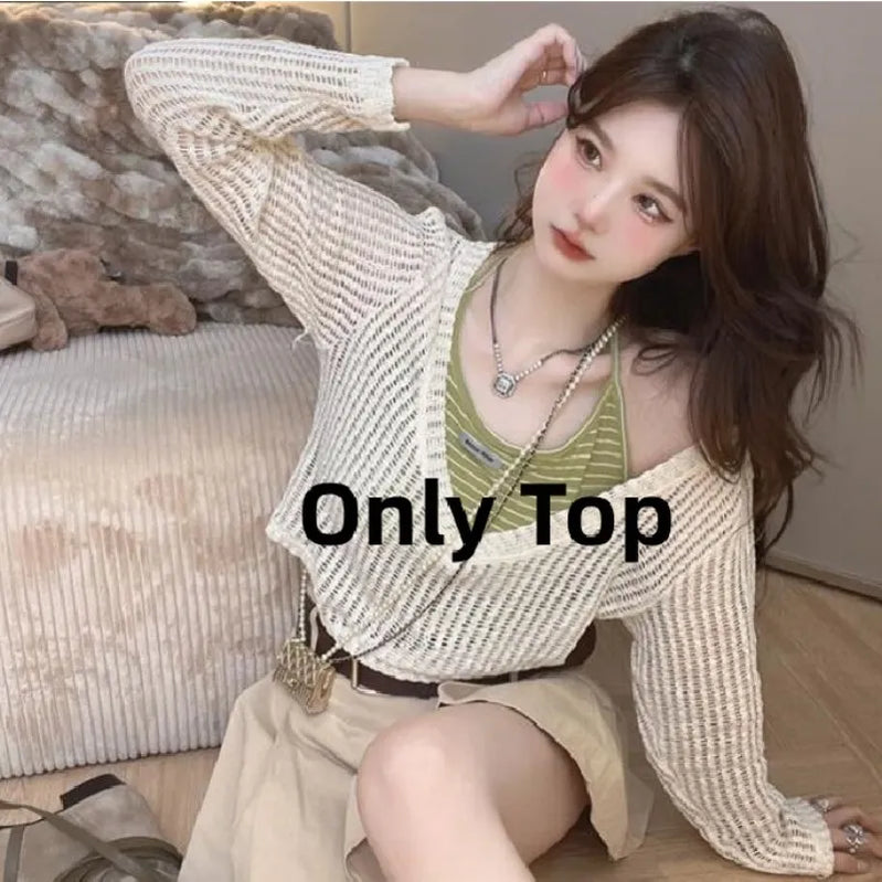 Women's Summer Fashion Hollow Out Shirt+Suspender+Wide Leg Pants Three Piece New in Matching Set Korean Elegant Tracksuit Green Top