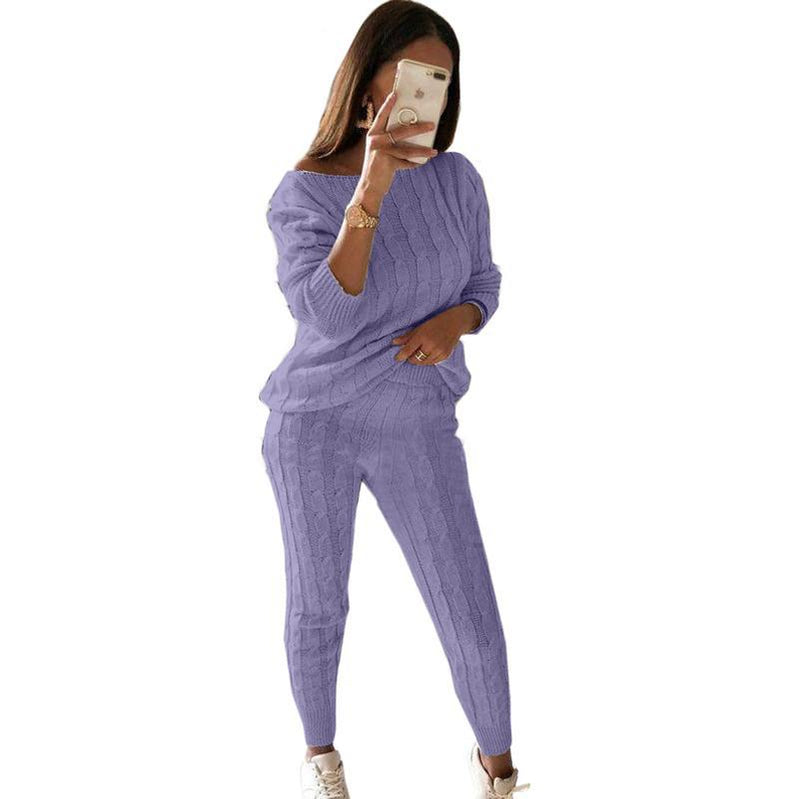 New Autumn Winter Women Knitted Tracksuit Two Piece Set Female Sweater Tops + Elastic Waist Pant Knitted Suit Women Outfits