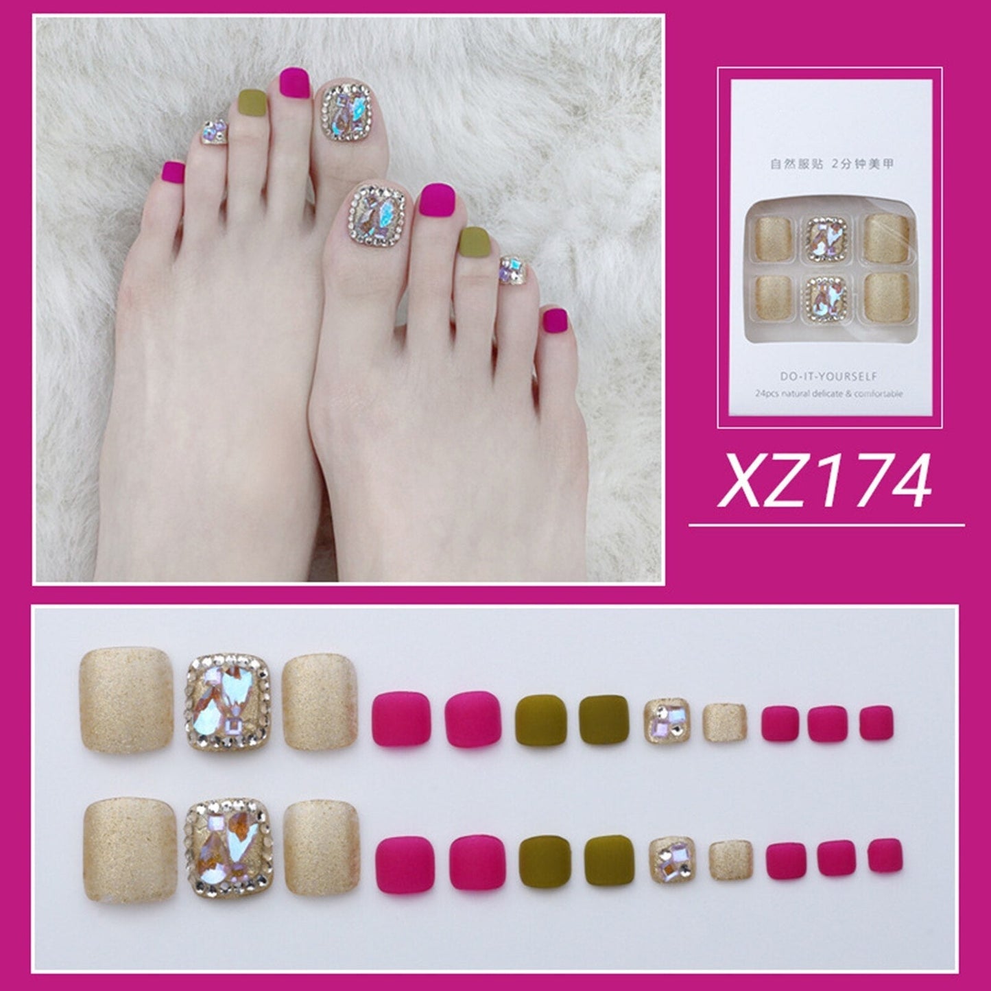 Summer Gold Full Diamond Feet Nails Press On Fake Glitter Toe Nail Stickers Full Cover Toe Nail Tips False Foot Nails