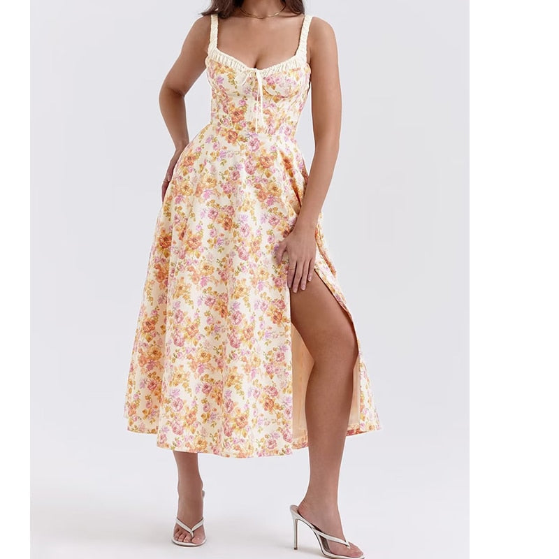 YENKYE 2023 Women French Style Floral Print A-line Midi Sling Dress Sexy Sleeveless Front Slit Female Holiday Party Summer Dress
