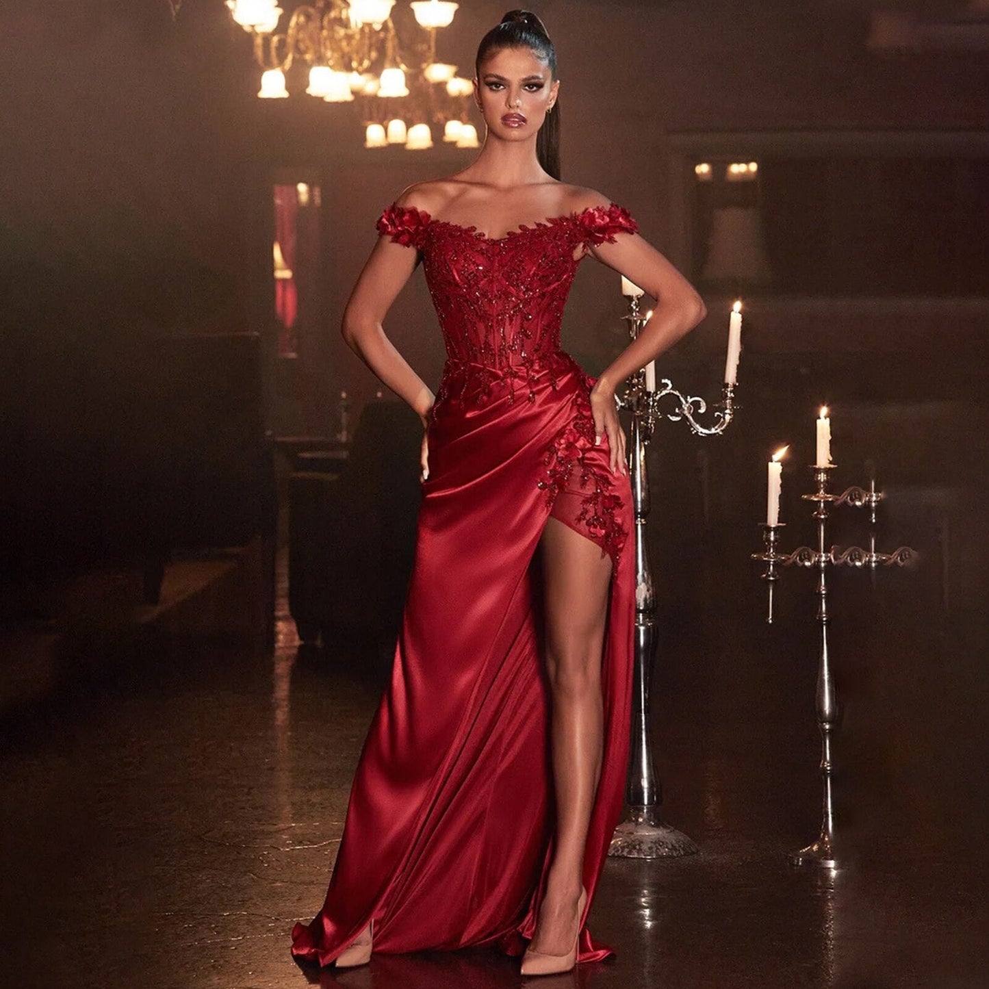 Luxury Lace Appliques Prom Dress Cap Sleeve Long Party Gown With Satin Train Sexy Side Slit Off-Shoulder Evening Dresses