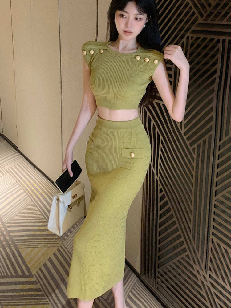 Knitted Two Piece Set For Women Sexy Crop Top + Bodycon Long Skirt Suits Beach Holiday Summer 2 Piece Sets Women Outfit Green One Size