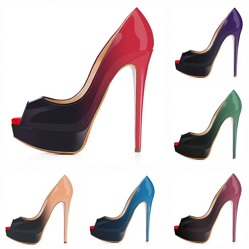 Women Pumps Sexy Platform Peep Toe 14cm Extremely High Heels Woman Patent Leather Nighclub Red Wedding Shoes Gradient Stiletto