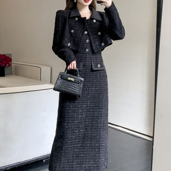 Luxury Tweed Two Piece Set Women Outfits Female Vintage Lapel Short Jacket Coat+Spaghetti Straps Dress Suit Fall Winter Woolen S
