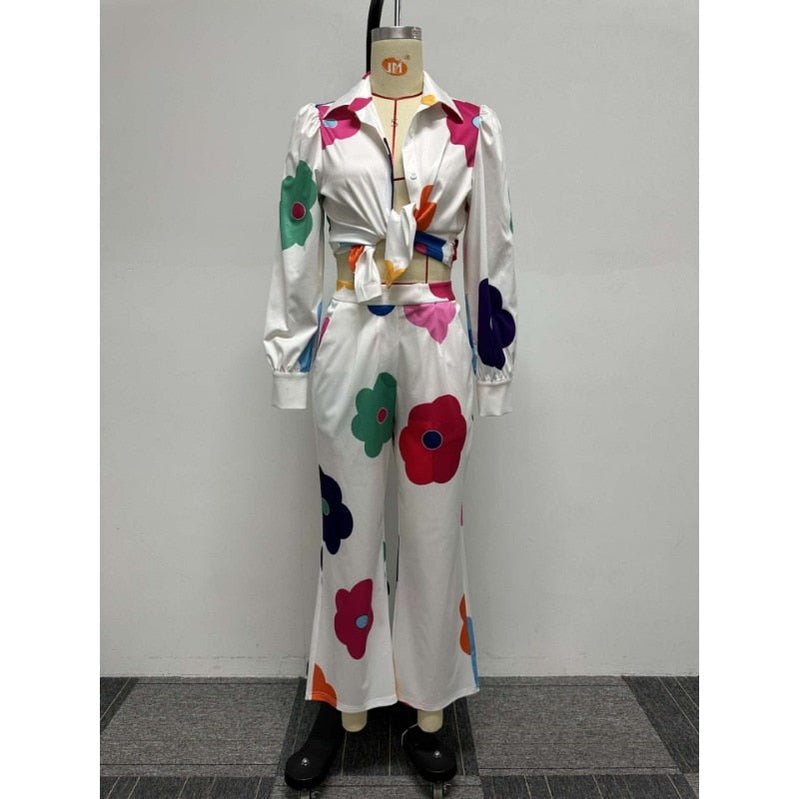 Flora Printed Women 2 Piece Set Elegant Button Up Blouse&shirts Wide Leg Pants Matching Set Autumn Office Lady Tracksuits