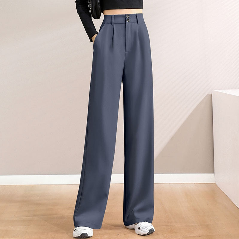 Women'S New High Waist Draping Loose Casual Straight Leg Floor Length Trousers Class Professional Wide Pants Dark Grey