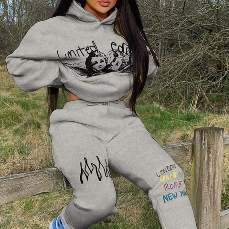 Hoodies Set Woman Pants 2 Pieces Joggers Tracksuit Long Sleeve Sweatshirt Sweatpant Printed Loose Suit Fall Outfits Sportswear Gray