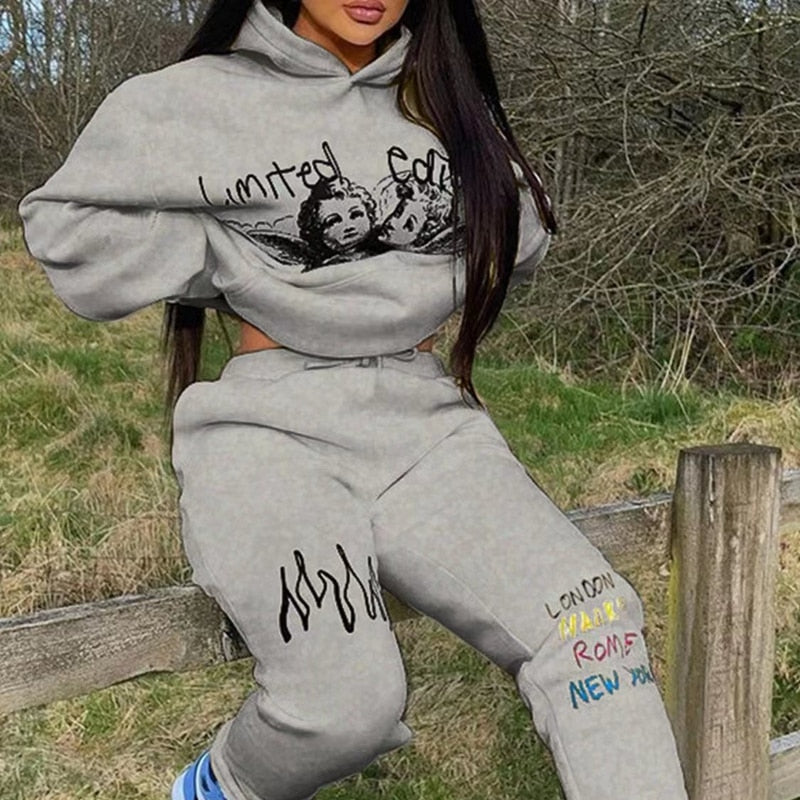 Hoodies Set Woman Pants 2 Pieces Joggers Tracksuit Long Sleeve Sweatshirt Sweatpant Printed Loose Suit Fall Outfits Sportswear Gray