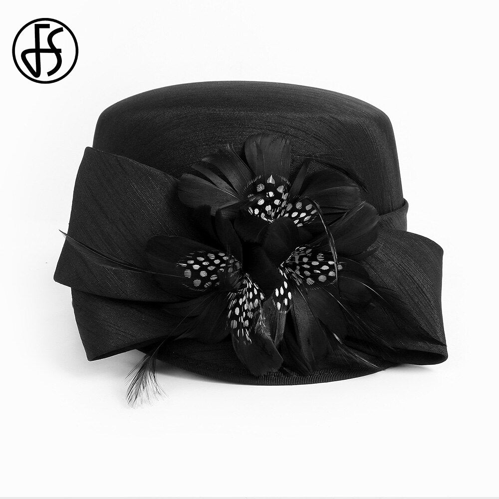 FS Luxury Woman Sun Hat Wedding Ceremony Fashion Elegant Millinery Tea Party Bowler Cap Flower Feather Bucket Hats Female