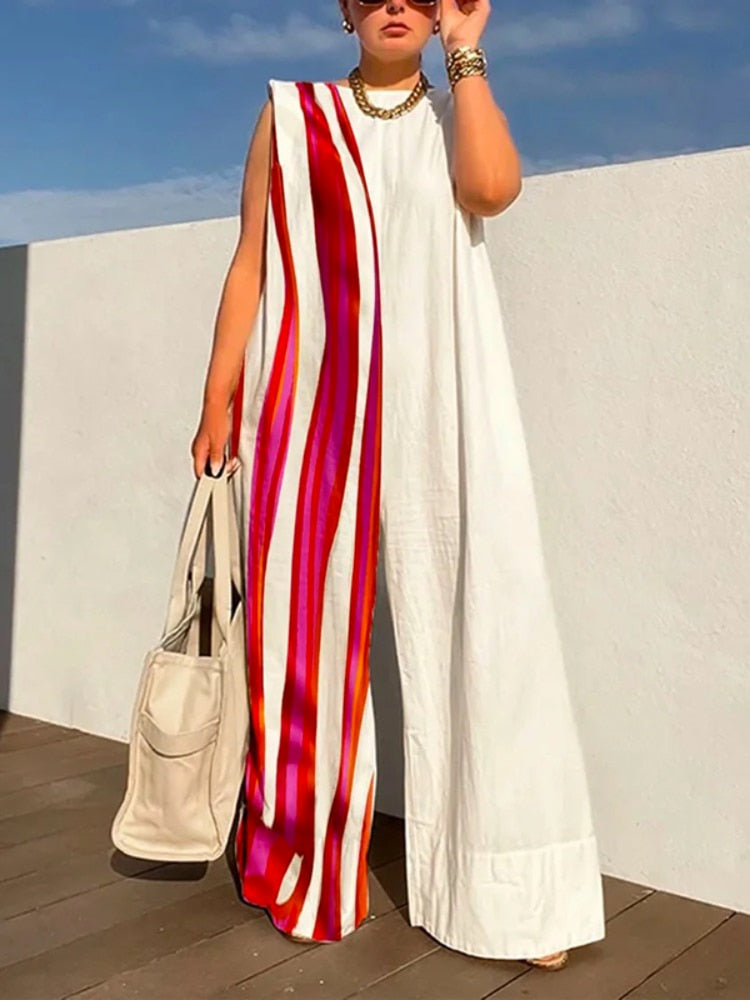 Yeezzi New Fashion Striped Contrast Color Wide Leg Jumpsuits Summer Sleeveless Going Out One Piece Outfit For Women White