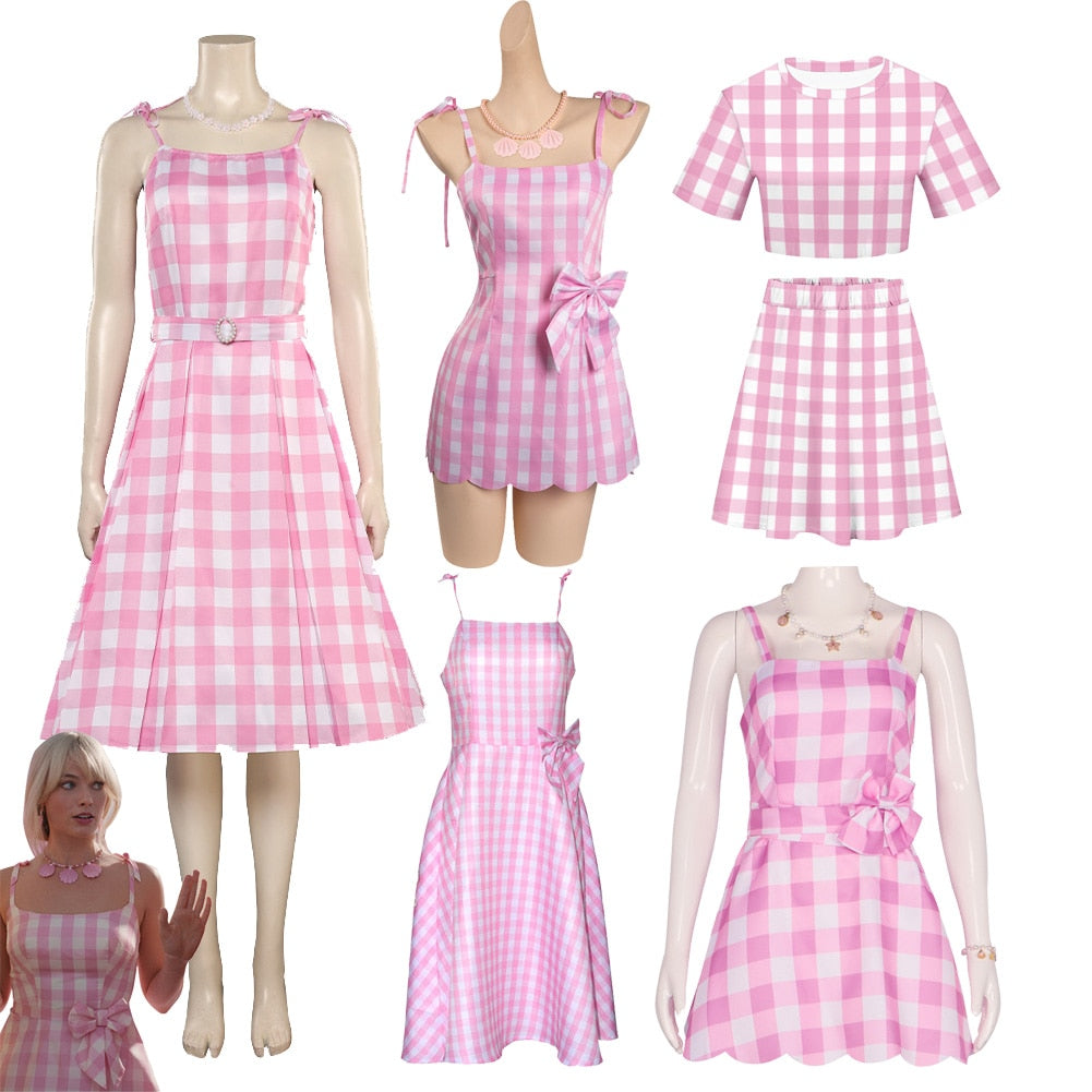 Margot Cosplay Pink Plaid Dress Up Hat Women Costume Movie Roleplay Fantasia Halloween Party Clothes For Disguise