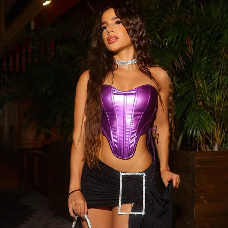 Sexy Women Shiny Gold Silver Bustier Crop Tops Bright PU Leather Crown Girdle Slimming Waist Strapless Low-cut Corset Top Summer Purple