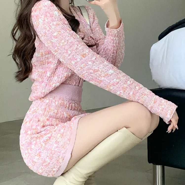 Two Piece Dress Set Sweet Cardigan Sweater + Slim Skirt Pink Elegant Y2k Mini Dress Autumn Office Lady Casual Knitted Suits