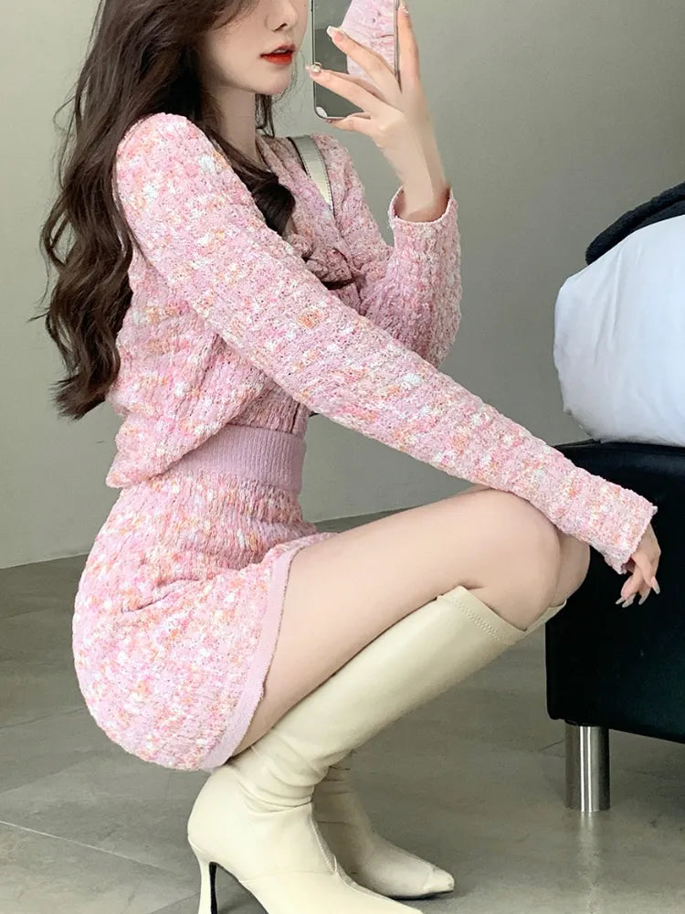 Two Piece Dress Set Sweet Cardigan Sweater + Slim Skirt Pink Elegant Y2k Mini Dress Autumn Office Lady Casual Knitted Suits