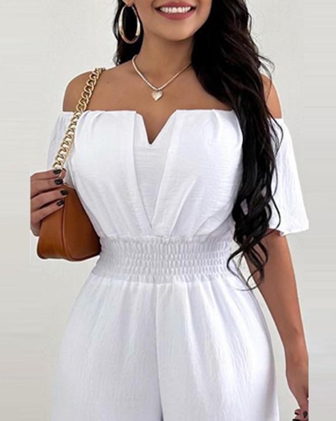 Jumpsuits for Women Spring Fashion Off Shoulder Casual Plain Short Sleeve Shirred Waist Daily Long Wide Leg Jumpsuit