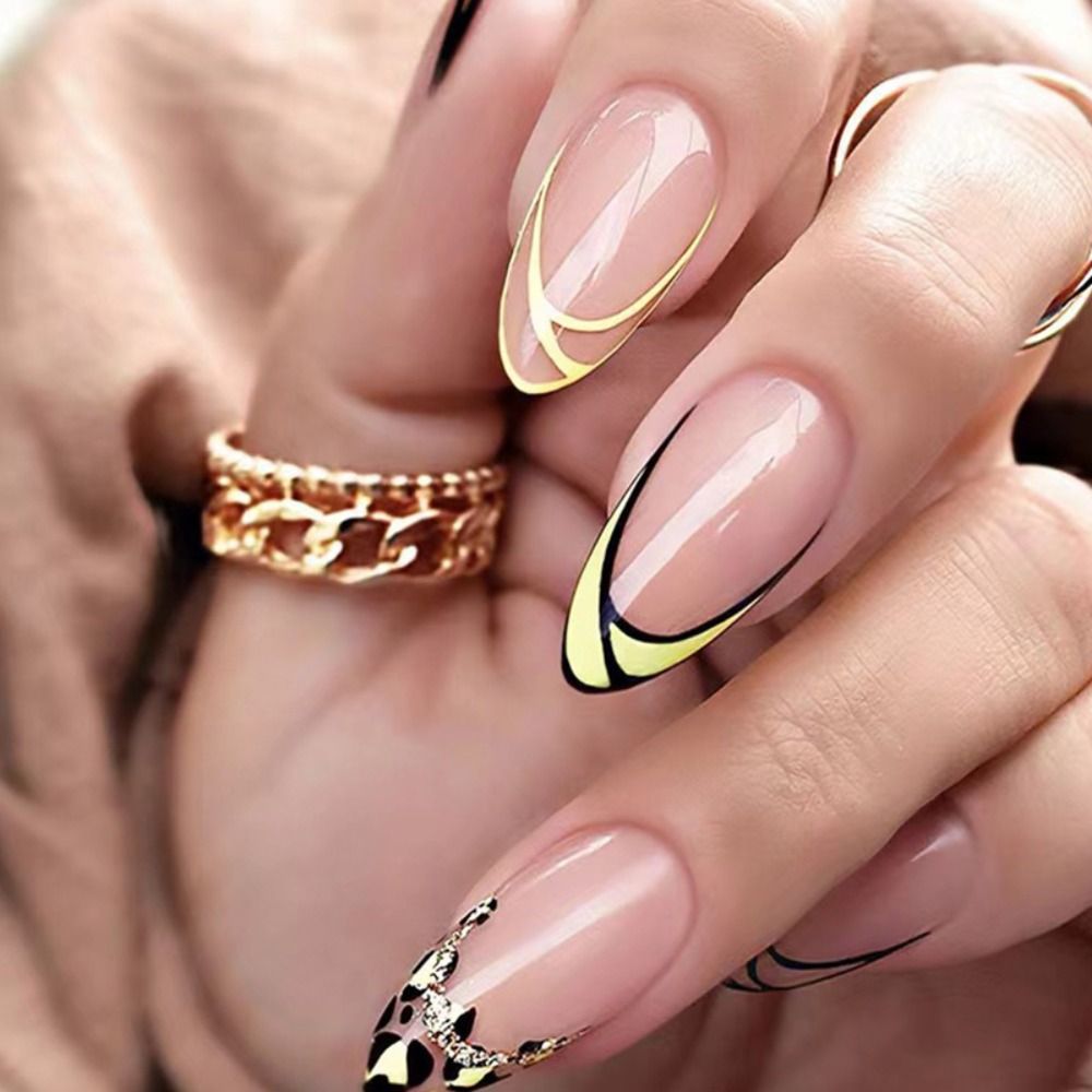 Long Stiletto False Nails Black Edge French Gold Thread Black Rhinestones Design Wearable Fake Nails Press On Nails Manicure Tip 7
