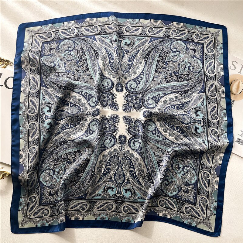 Luxury Print Satin Silk Square Scarf for Women Shawl Hijab Neckerchief Female Hair Ribbon Headband Fashion Wrap Bandana New FJ672-3