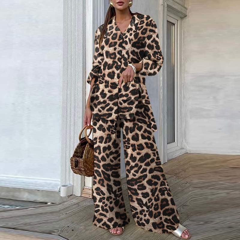 Fashion Women Leopard Print Pant Sets Casual Loose Tops and Pant Outfits Autumn Wide Leg Pant Leisure Two Piece Sets