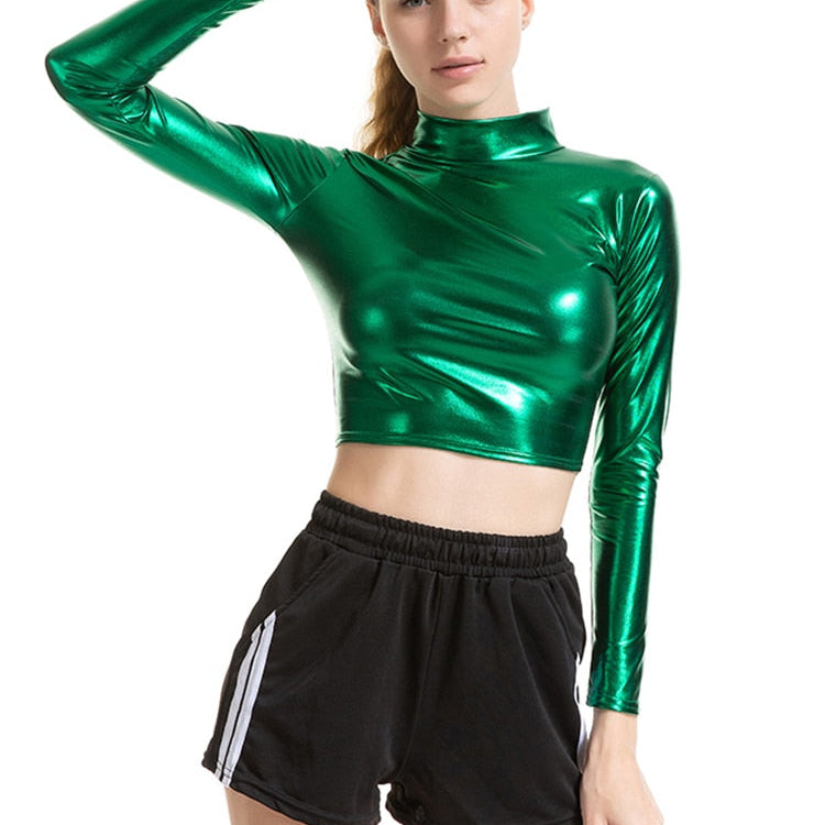 PU Short Top Women Shiny Leather Top High Street Turtleneck Dance Clubwear Long Sleeve Tops Gold Silver Costumes T shirt S989 Green