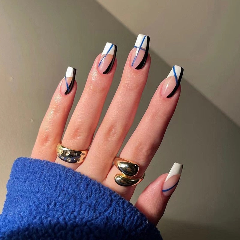 Blue Glitter Powder Waves Design Wearable Nail Art Glossy Fake Nails Short Ballet Finished False Nails Press on Nails with Glue
