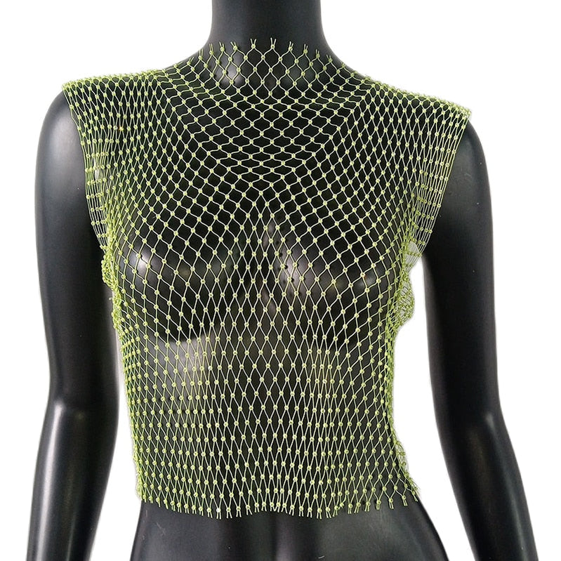 Women's Fishnet Rhinestone Crop Top 2023 Summer Sexy Mesh High Elastic Black White Shirt Net See Through Rave Diamond Tank Top Green O neck