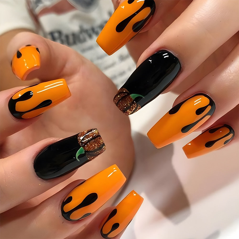 New Halloween Fake Nails Patch Black Almond/Coffin Head Artificial Nail Tips Pumpkin Spider Ghost Printed Press on Nail for Girl Spain Z10