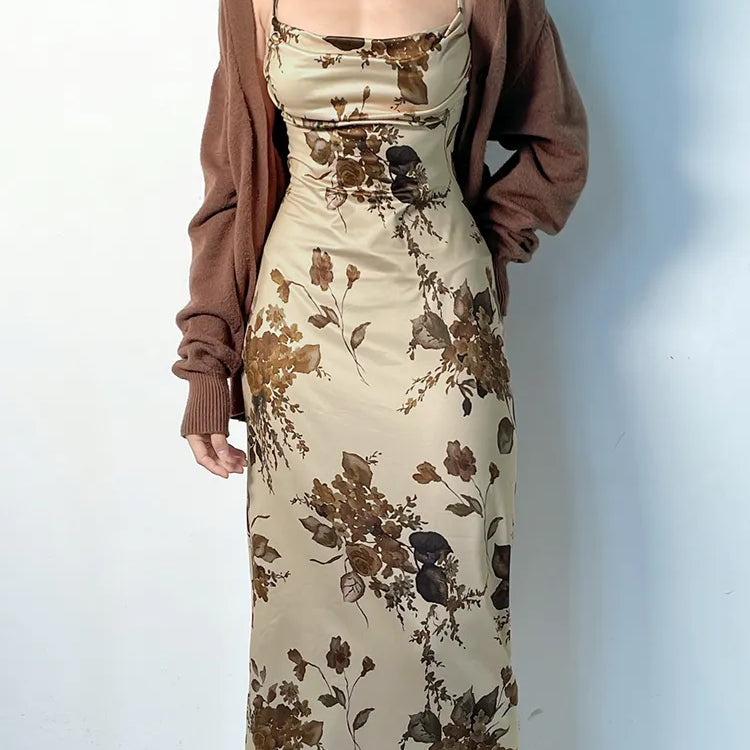 Y2K Vintage Party Long Dress Grunge Fairycore Print Maxi Dresses Elegant Beach Style Backless Sundress Women Clothes